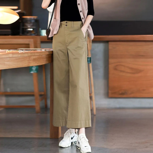 Summer pure cotton thin section nine-point pants high waist wide-leg pants women's new loose breathable comfortable slim casual pants women