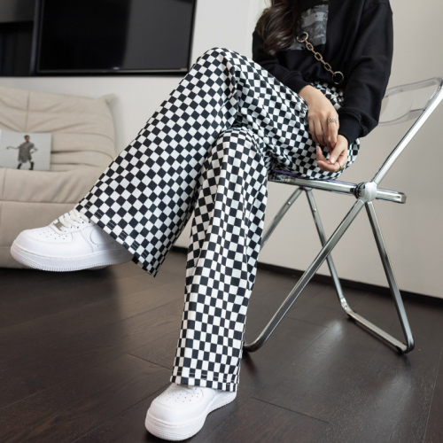 Checkerboard straight trousers drawstring trousers black and white checkered autumn and winter new mopping trousers loose slim trousers women