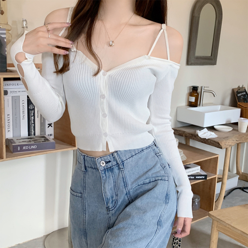 Real shot spot one-shoulder sling knitwear Hong Kong style autumn sexy off-the-shoulder hollow long-sleeved thin sweater