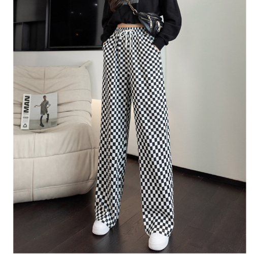 Checkerboard straight trousers drawstring trousers black and white checkered autumn and winter new mopping trousers loose slim trousers women