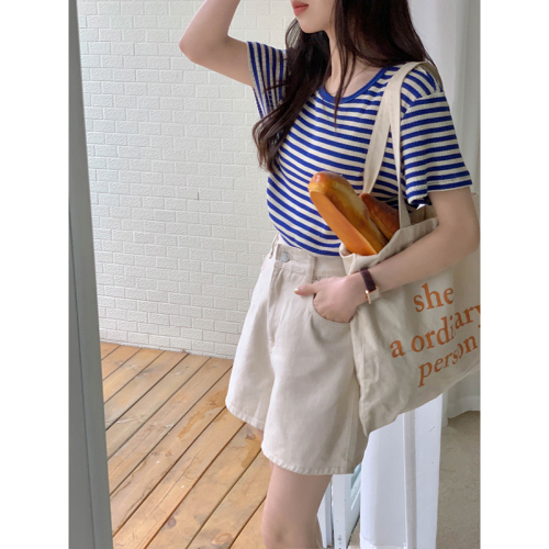 Real shot summer college style all-match simple round neck striped T-shirt women's casual contrast color top