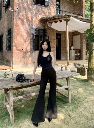 Real shot real price American hot girl wind ice silk irregular with chest pad suspenders + high waist slimming flared pants