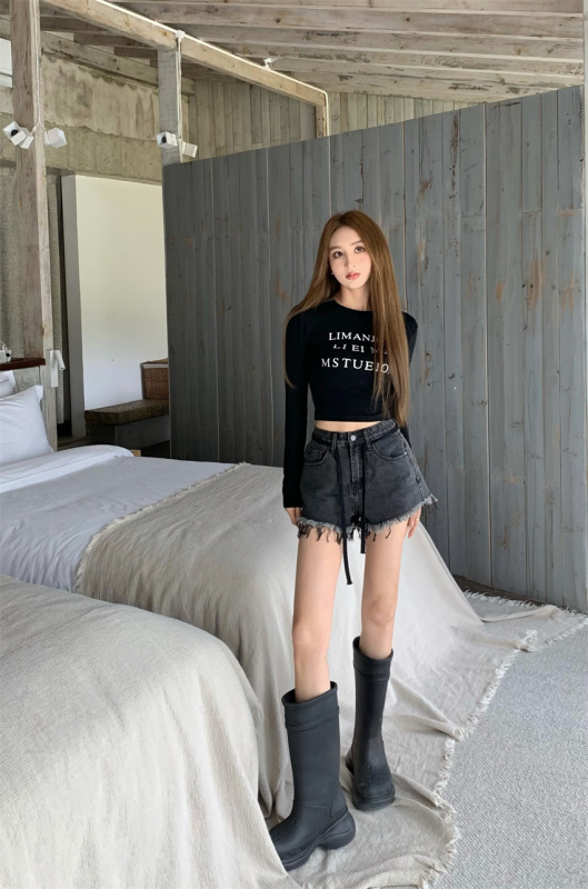 Real price letter short top + high waist all-match denim shorts