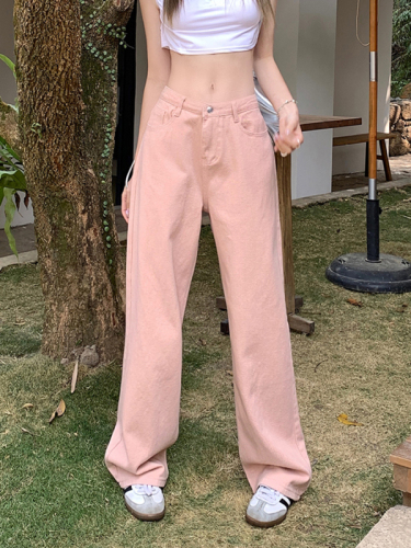 Real shot Slim simple solid color all-match denim wide-leg trousers