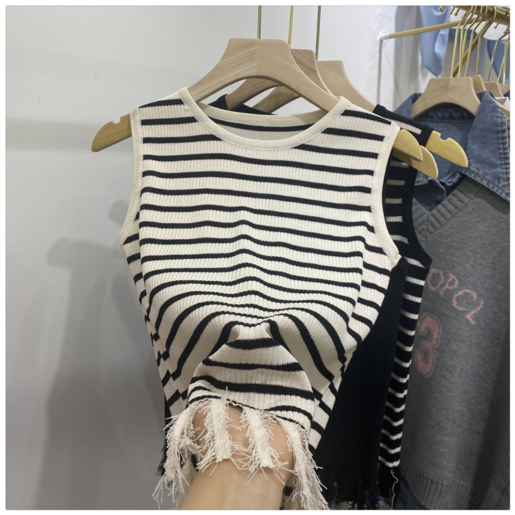 Striped Camisole Women's Summer Outer Wear Slim Inside Tassel Sleeveless T-Shirt Ice Silk Top Knitted Bottom Shirt