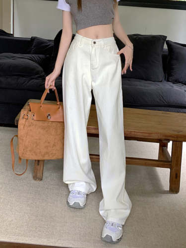 Real shot Slim simple solid color all-match denim wide-leg trousers