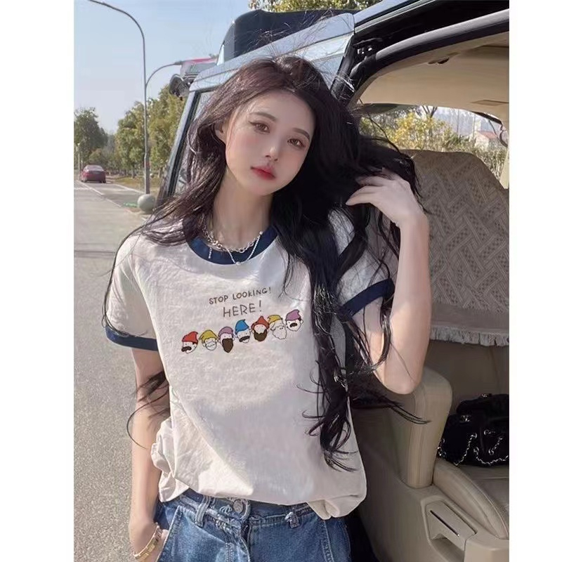 32 cotton pull frame color-blocking short-sleeved color-blocking printing loose short-sleeved t-shirt for women