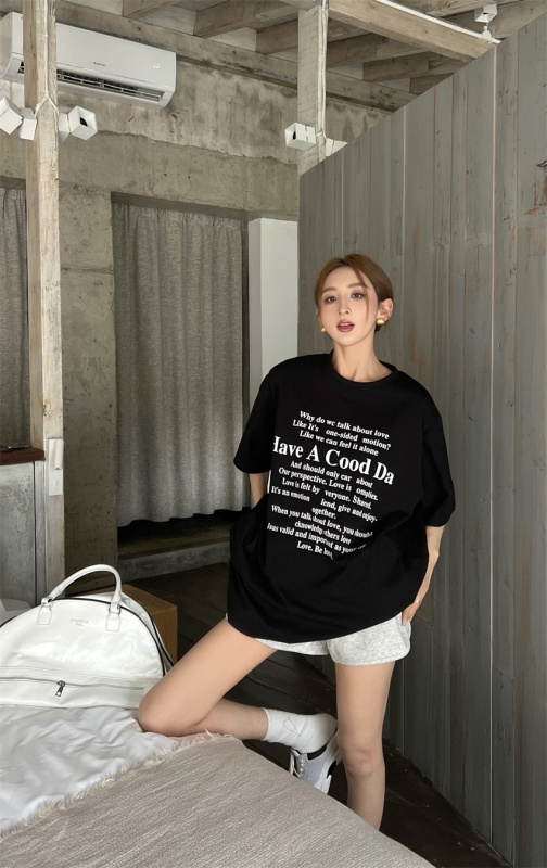 Real Shot Nett Loose Lazy Letters Casual Mid-Long T-Shirt