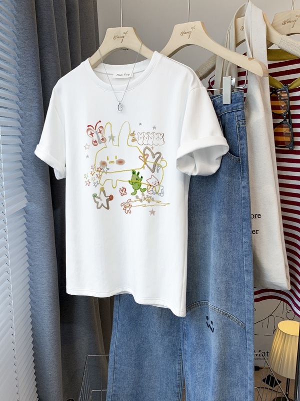 Official picture spring and summer short-sleeved printed T-shirt Four fabrics to choose from Cotton Back collar