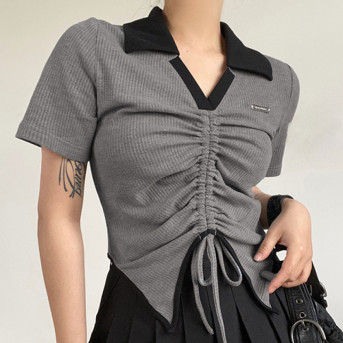 Irregular color contrast flip v-neck drawstring pleated short-sleeved T-shirt women's summer new slim hot girl top