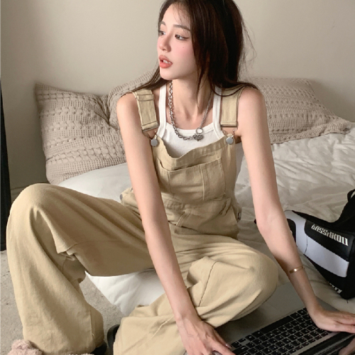 Real shot real price large size American retro simple suspenders mopping pants slim Korean casual all-match wide-leg pants