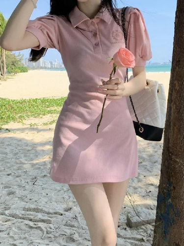 Pink puff sleeve dress female summer sweet cool college style hot girl polo collar waist slimming first love bag hip skirt