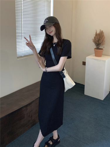 Real price!  Spring and summer design sense commuter short-sleeved dress women's Korean style irregular hem texture sense long skirt