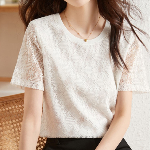 Lace shirt ladies' summer 2 years new fashion high-end foreign style beautiful chiffon shirt short-sleeved top