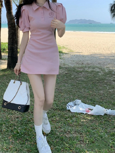 Pink puff sleeve dress female summer sweet cool college style hot girl polo collar waist slimming first love bag hip skirt