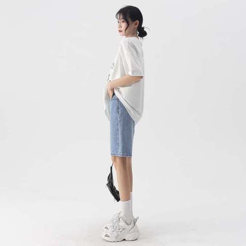 Korean version of all-match five-point denim shorts women's 2023 summer new high-waist loose slim straight jeans