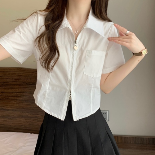 Summer new solid color lapel double-headed love zipper design sense of self-cultivation short short-sleeved shirt for women