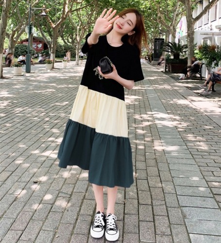 Korean version of the t-shirt dress splicing contrast color female students loose large size fashion foreign style mid-length knee-length skirt summer