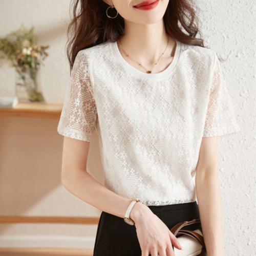 Lace shirt ladies' summer 2 years new fashion high-end foreign style beautiful chiffon shirt short-sleeved top