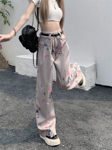 Real price~2023 spring and summer new American style retro loose printed wide-leg pants for women