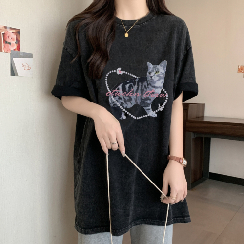 Real shot 200g combed 100% cotton washed and old-fashioned mid-length loose short-sleeved T-shirt female printed summer top