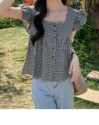Real shot pure cotton T-shirt yarn-dyed plaid square collar shirt women's short-sleeved short section loose shoulder small flying sleeve top summer