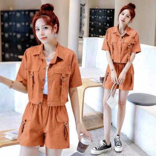 2023 two-piece women's summer small tooling wide-leg shorts sports suit