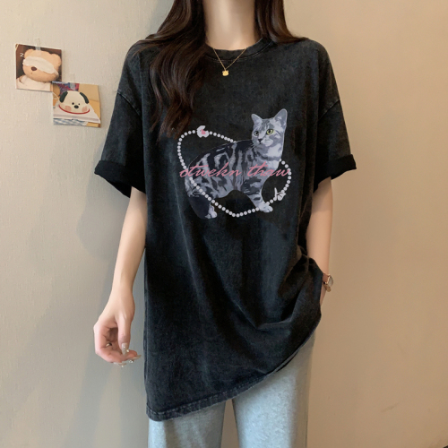 Real shot 200g combed 100% cotton washed and old-fashioned mid-length loose short-sleeved T-shirt female printed summer top