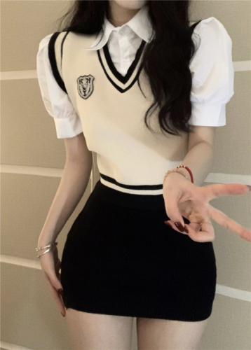 College style fake two-piece shirt female design sense niche 2023 spring new top short-sleeved t-shirt