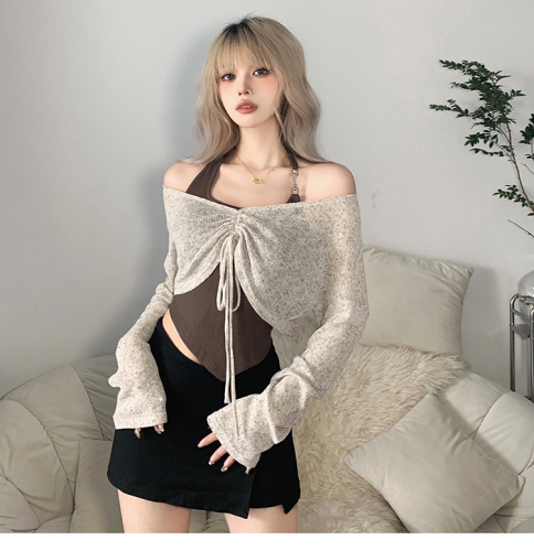 Autumn atmosphere irregular hanging neck camisole with drawstring to look thinner long-sleeved T-shirt two-piece set