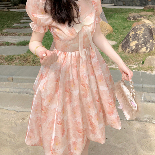 Original fabric + lining sweet super fairy temperament fairy skirt square collar short dress female 2023 summer new style