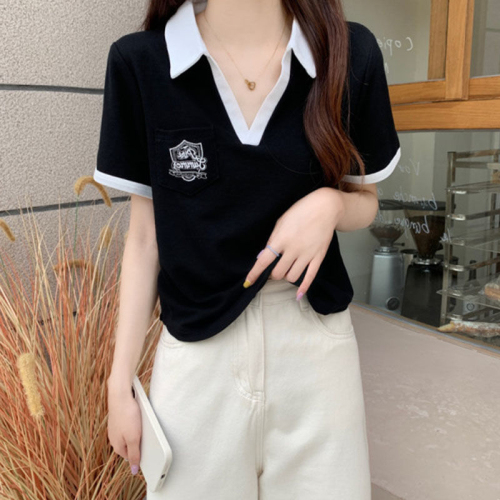 Polo collar top foreign style short-sleeved t-shirt women's summer college style hot girl shoulders