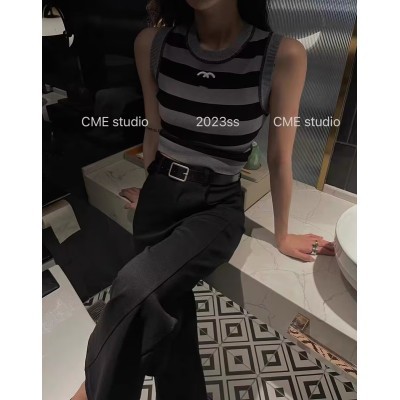 2023 new trendy embroidered letters slim fit inner vest women's outerwear slim sleeveless striped top