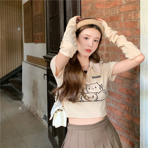 Large size polo collar short-sleeved t-shirt women's spring and summer 2023 new design sense niche printing sweet and spicy short top