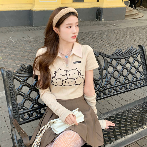 Large size polo collar short-sleeved t-shirt women's spring and summer 2023 new design sense niche printing sweet and spicy short top