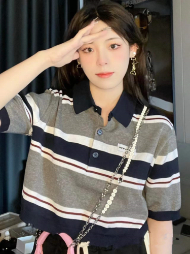 Fashion national tide American retro striped knitted short-sleeved t-shirt female summer niche short hot girl top ins tide