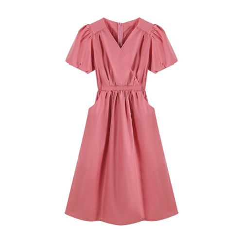 Summer retro waist A-line raspberry dress women's unique design sense gentle wind sweet small long skirt