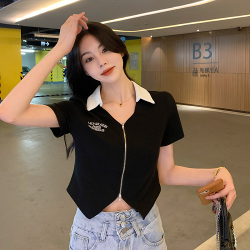 Short zipper top summer sweet and spicy slim fit belly covering irregular polo collar short-sleeved t-shirt women