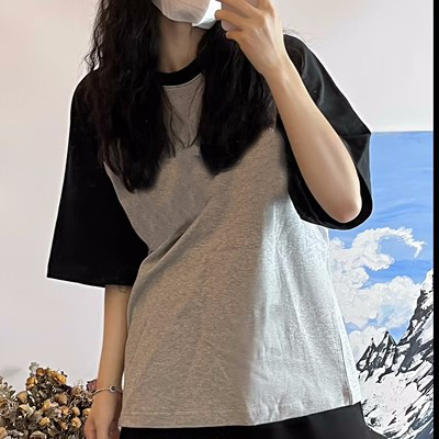 Official picture real price short-sleeved T-shirt women's summer loose cotton splicing sleeves hit color trendy brand casual couple half-sleeved shirt