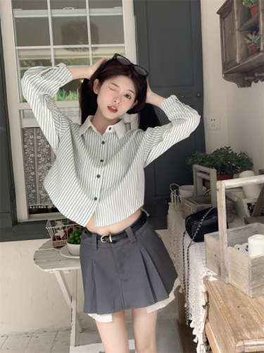 Real price real price Spring new color contrast stitching POLO collar all-match simple short section slim long-sleeved shirt women