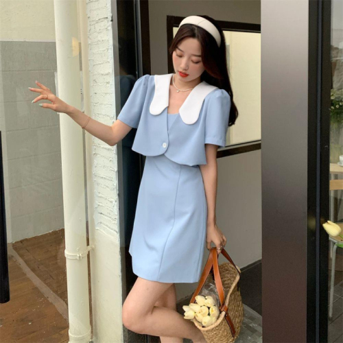 Korean sweet suspender dress color matching lapel short-sleeved cardigan top fashion suit female 2023 summer new