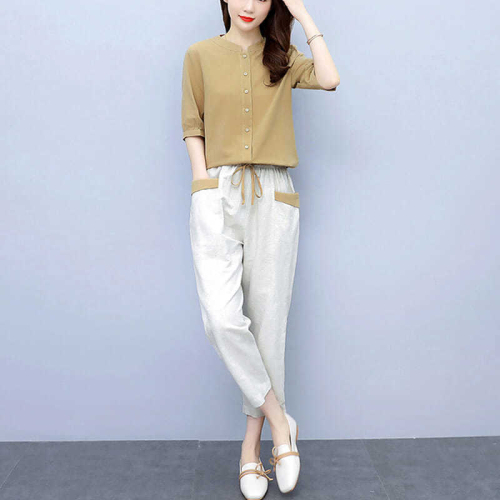 Linen suit women's 2023 summer new foreign style age-reducing fashion casual top cropped pants cotton and linen two-piece trendy