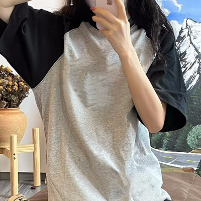 Official picture real price short-sleeved T-shirt women's summer loose cotton splicing sleeves hit color trendy brand casual couple half-sleeved shirt