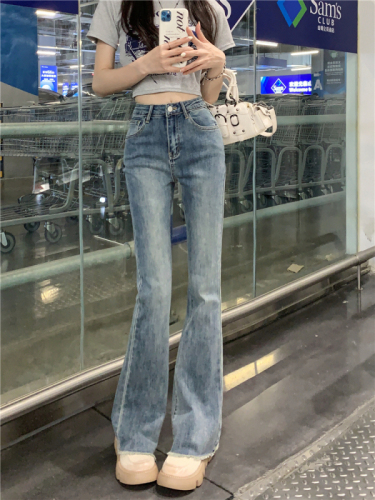 Real shot real price#Micro-la high waist jeans women's elastic slim slim straight tube loose raw edge flared pants