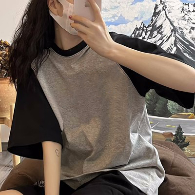 Official picture real price short-sleeved T-shirt women's summer loose cotton splicing sleeves hit color trendy brand casual couple half-sleeved shirt