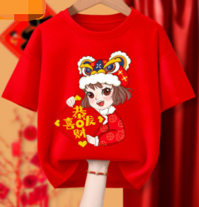 Girls short-sleeved t-shirt pure cotton New Year's red festive clothes New Year's children's bottoming