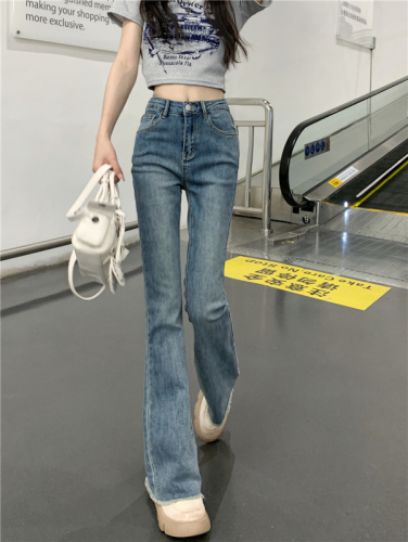 Real shot real price#Micro-la high waist jeans women's elastic slim slim straight tube loose raw edge flared pants