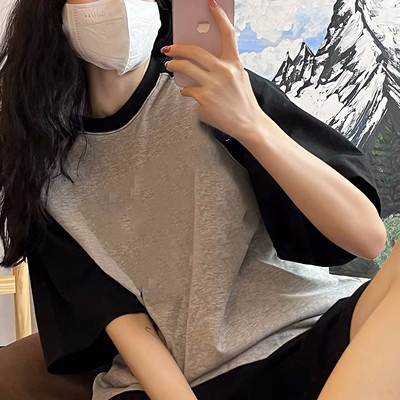 Official picture real price short-sleeved T-shirt women's summer loose cotton splicing sleeves hit color trendy brand casual couple half-sleeved shirt