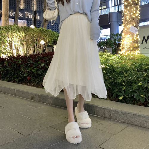 Gentle little fairy, high-end, gentle, mid-length A-line skirt, irregular mesh skirt, trendy