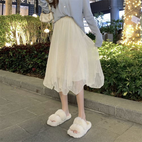 Gentle little fairy, high-end, gentle, mid-length A-line skirt, irregular mesh skirt, trendy
